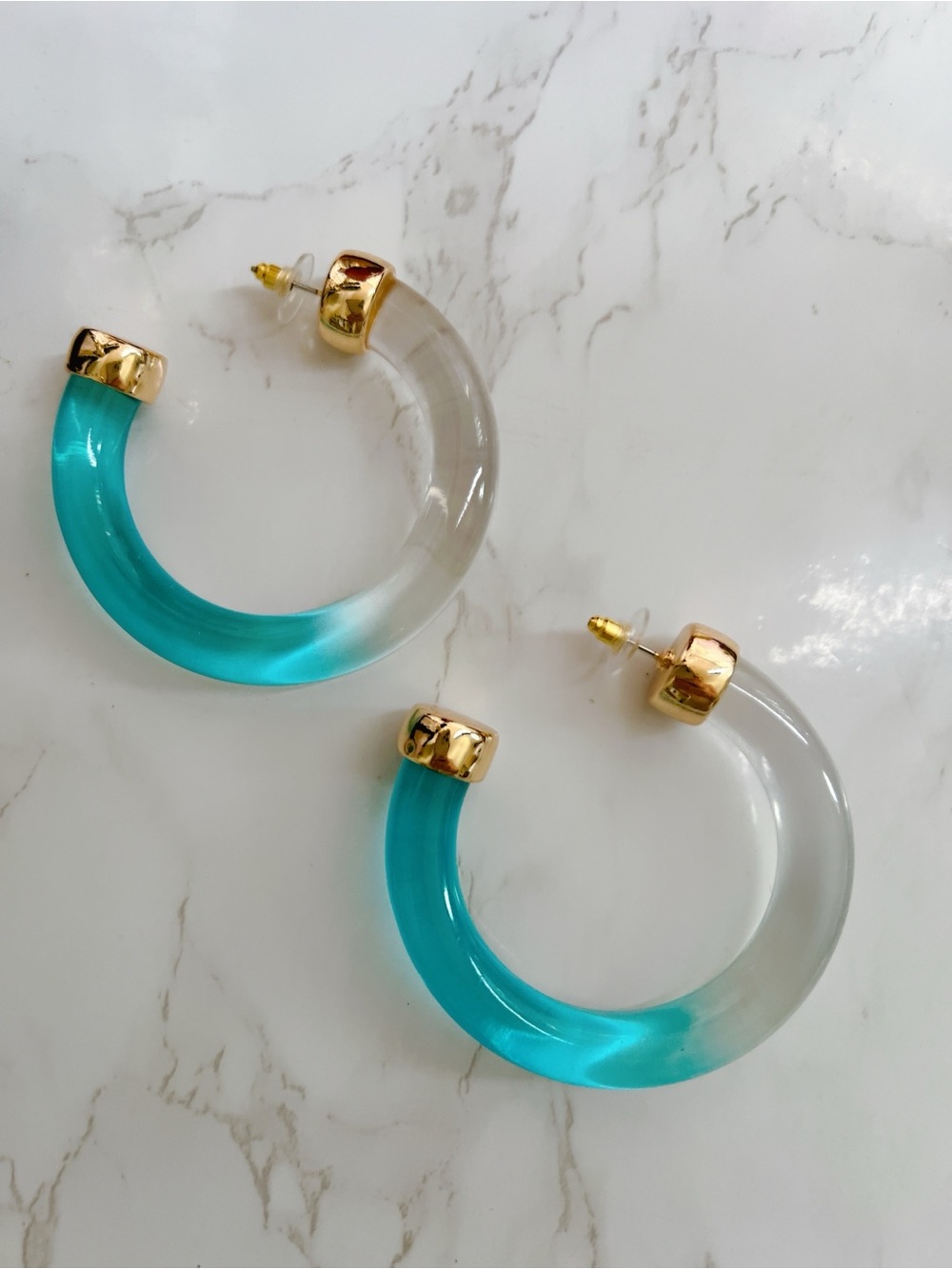 Blue clear lucite 2” hombre hoop earrings hoops gold plated